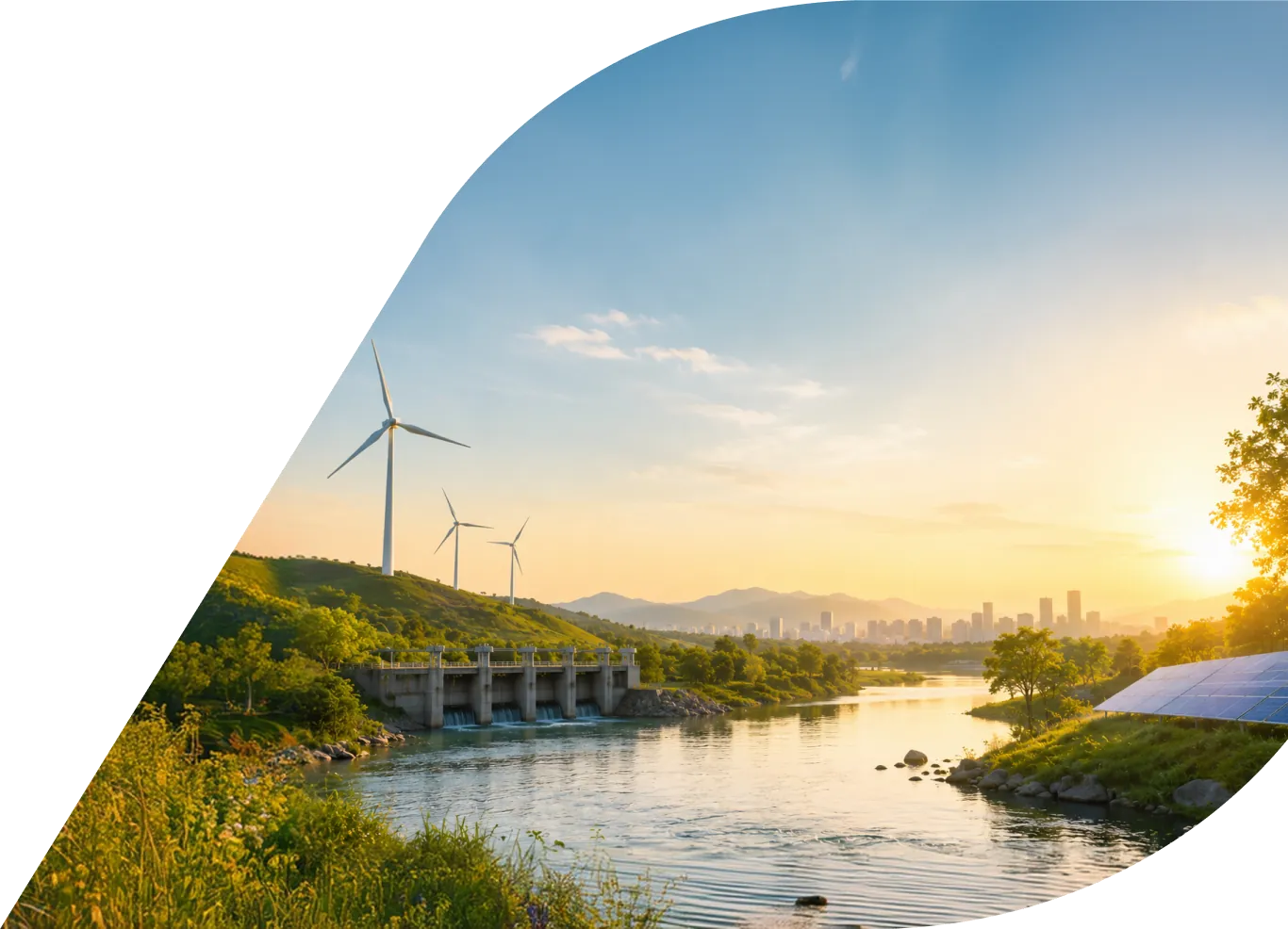 Wind turbines, a river barrage and solar panels at sunrise